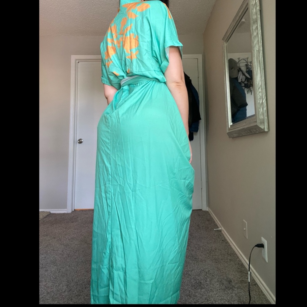 Mint contemporary maxi dress with orange accents. - Picture 6 of 16